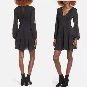 ASTR The Label Black Embroidered Dress L Boho Gothic WhimsyGoth Balloon Sleeve
